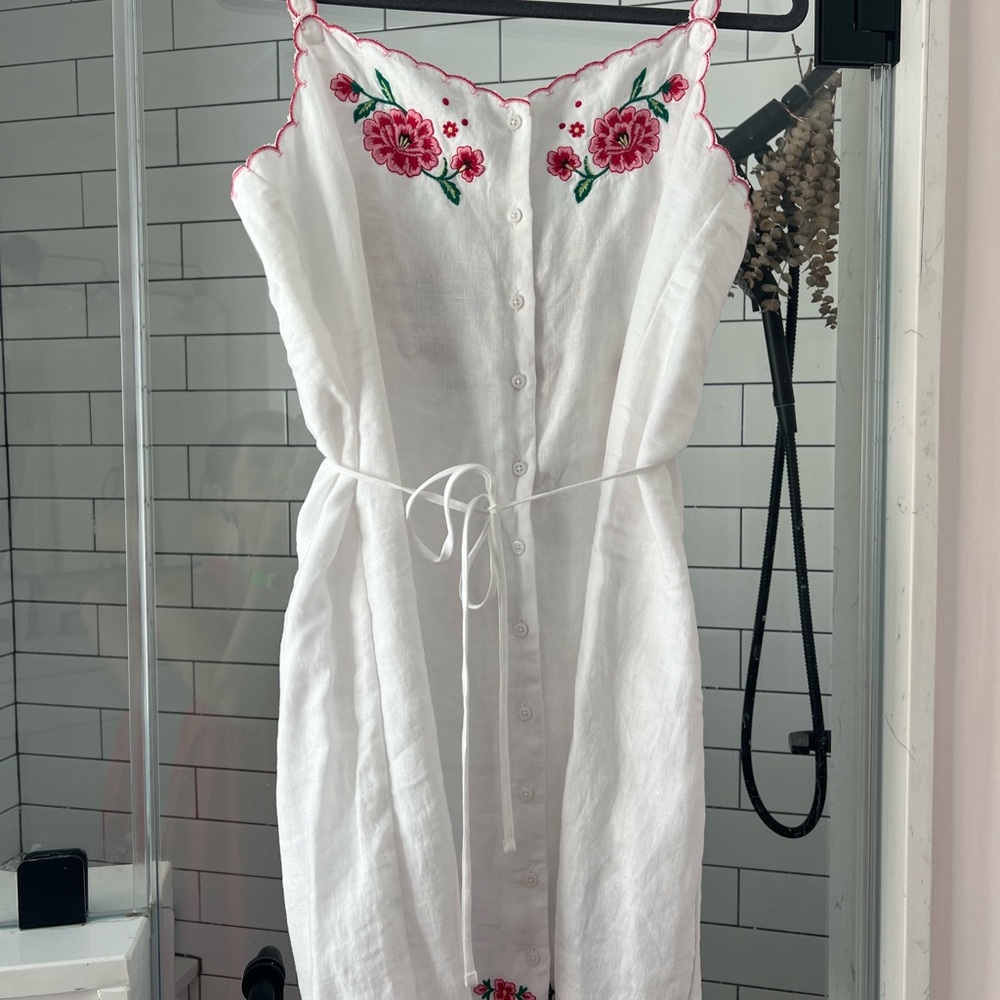 J. Crew White Linen Dress with Pink Floral Embroidery